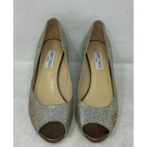 Jimmy Choo Peep Toe Glitter Wedge Heels Silver Size 40.5 us 10